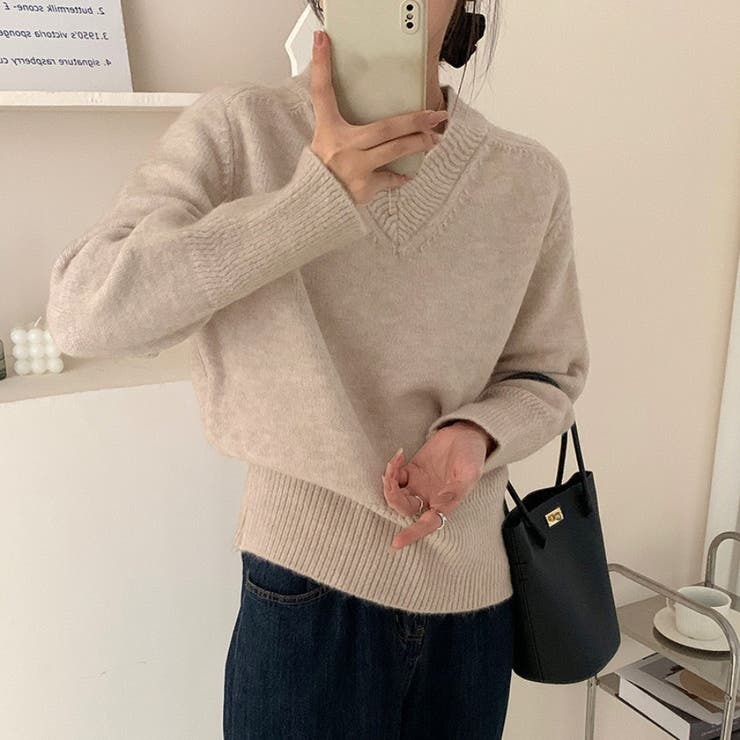 Vネックニットトップスオーバーサイズ韓国ニットファッション ビッグシルエット | Beststore | 詳細画像1 