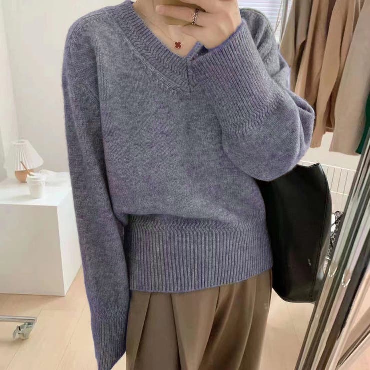 グレー | Vネックニットトップスオーバーサイズ韓国ニットファッション ビッグシルエット | Beststore