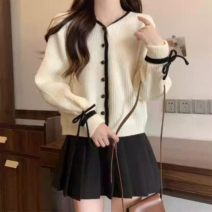 袖リボン 配色パイピング ニットカーディガン | Beststore | 詳細画像2 