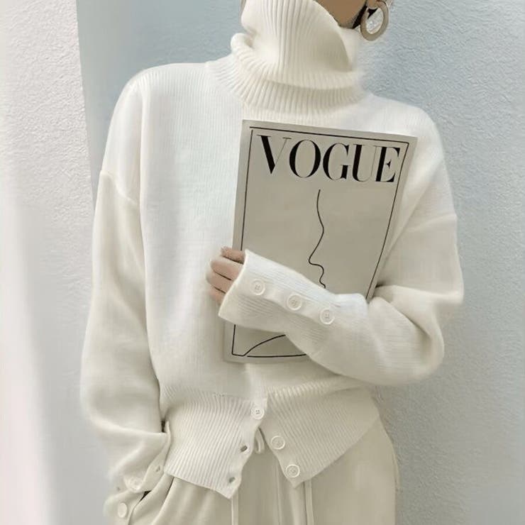 ホワイト | ハイネック タートルボタン ニットセーター トップス  | Beststore