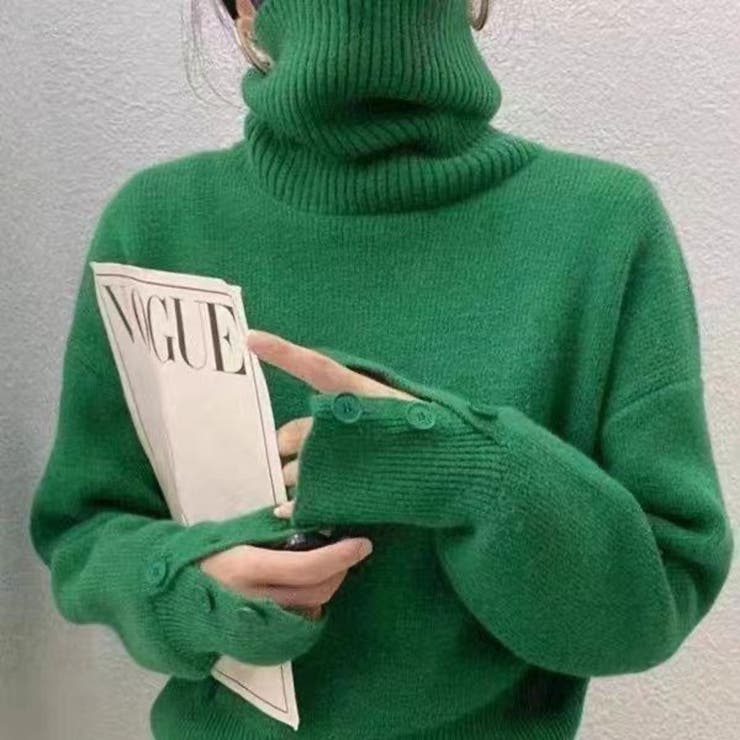グリーン | ハイネック タートルボタン ニットセーター トップス  | Beststore