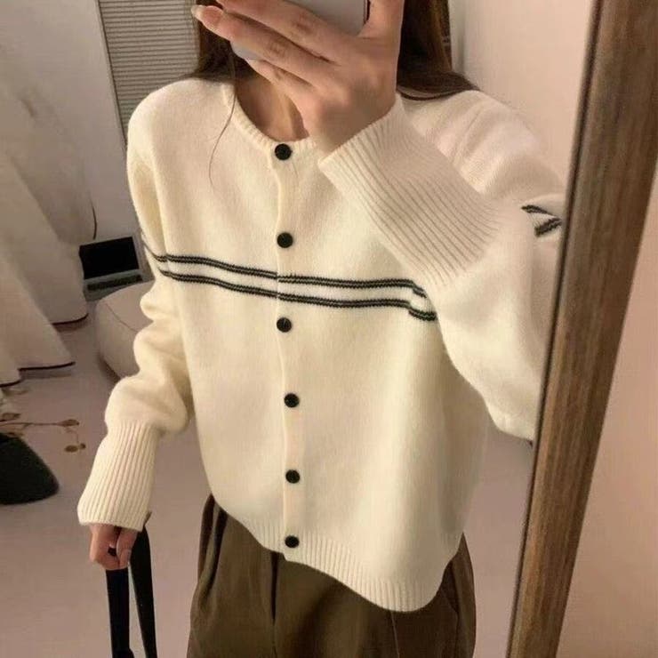 アイボリー | クルーネックボーダーカーディガン 長袖 レディース | Beststore