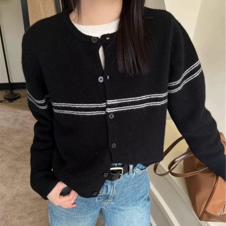 ブラック | クルーネックボーダーカーディガン 長袖 レディース | Beststore