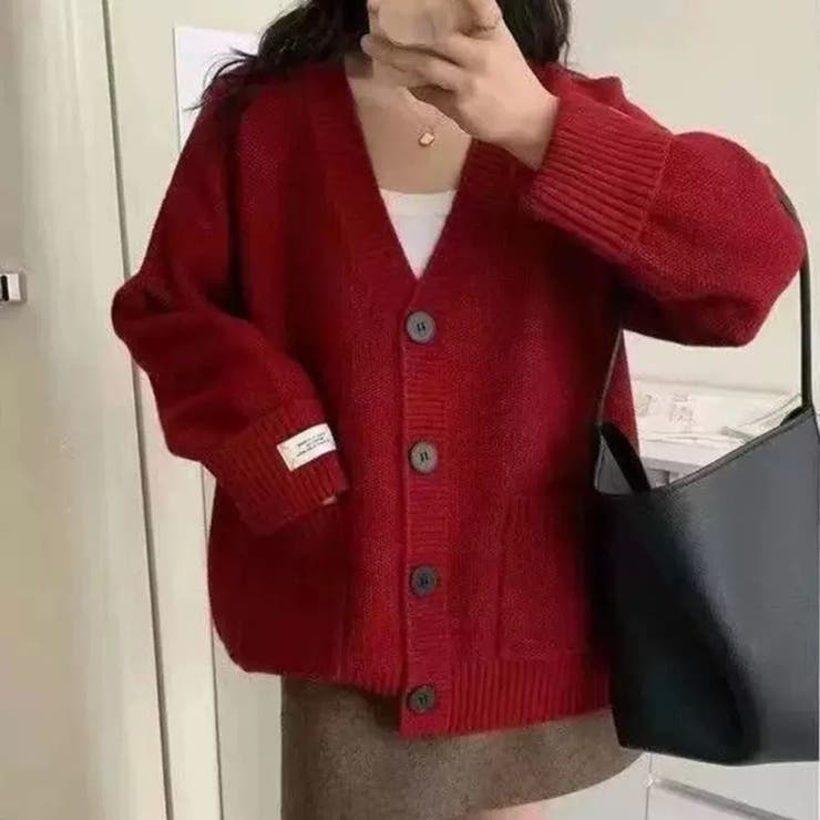 レッド | 厚手ニットカーディガン ワッペン付き ゆったり レディース | Beststore