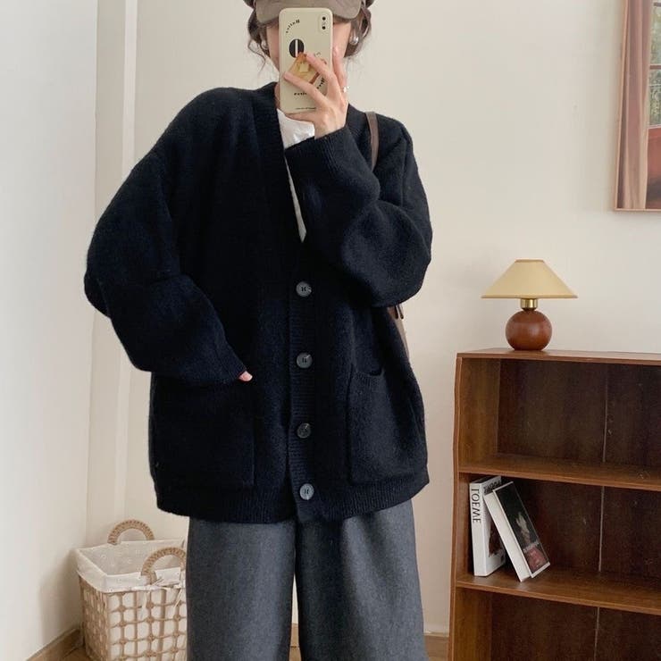 ブラック | 厚手ニットカーディガン ワッペン付き ゆったり レディース | Beststore