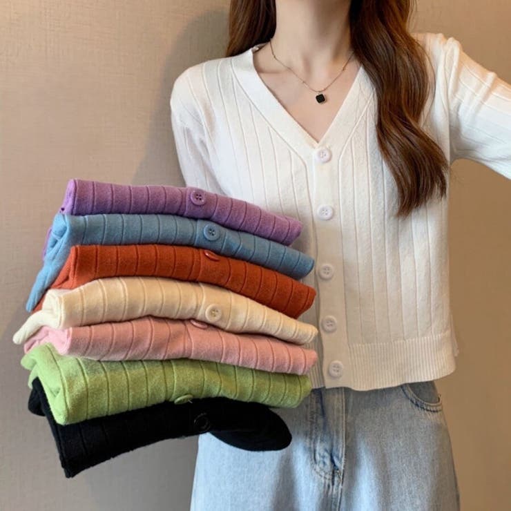 vネックカーディガン ショット丈 リブニットトップス レディース | Beststore | 詳細画像37 