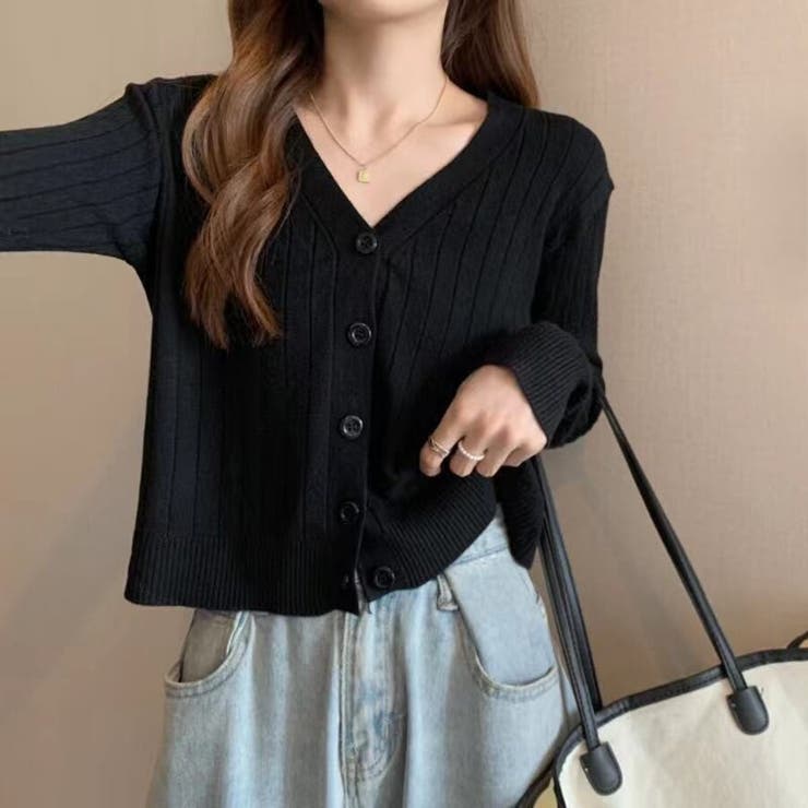 vネックカーディガン ショット丈 リブニットトップス レディース | Beststore | 詳細画像5 