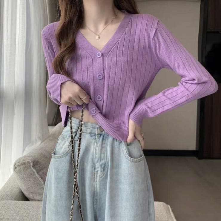 vネックカーディガン ショット丈 リブニットトップス レディース | Beststore | 詳細画像23 