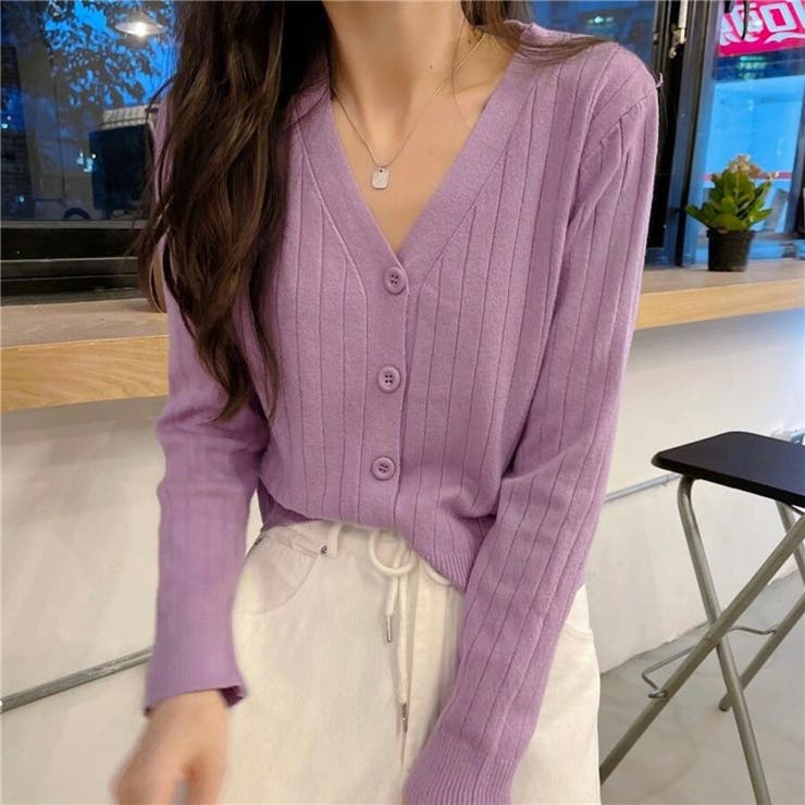 パープル | vネックカーディガン ショット丈 リブニットトップス レディース | Beststore