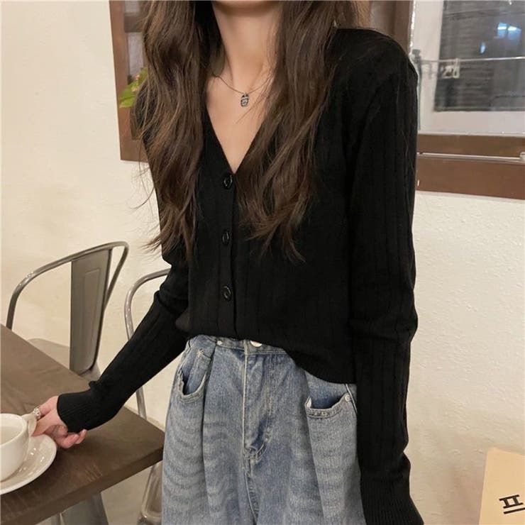 vネックカーディガン ショット丈 リブニットトップス レディース | Beststore | 詳細画像2 