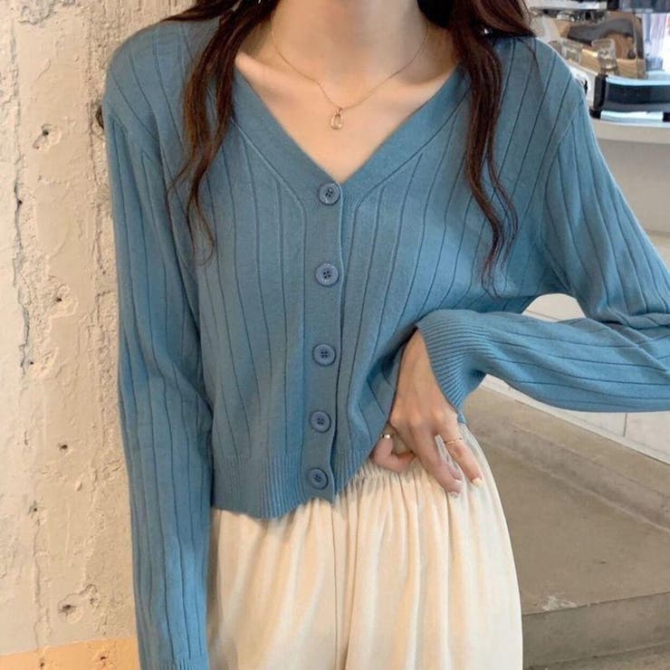 ブルー | vネックカーディガン ショット丈 リブニットトップス レディース | Beststore