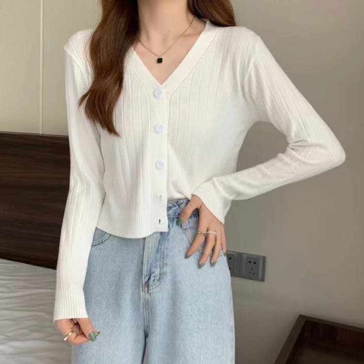 vネックカーディガン ショット丈 リブニットトップス レディース | Beststore | 詳細画像18 