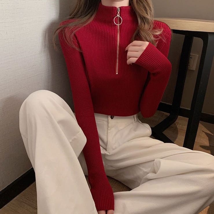 レッド | リブタイトニット モックネックリングハーフジップ付き ジャストサイズ | Beststore