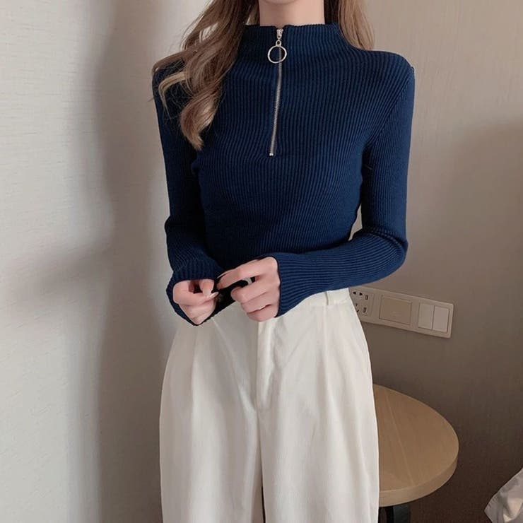 ネイビー | リブタイトニット モックネックリングハーフジップ付き ジャストサイズ | Beststore