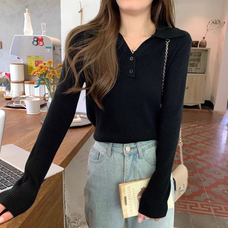 ポロ襟付き Vネックリブニット トップス レディース | Beststore | 詳細画像9 