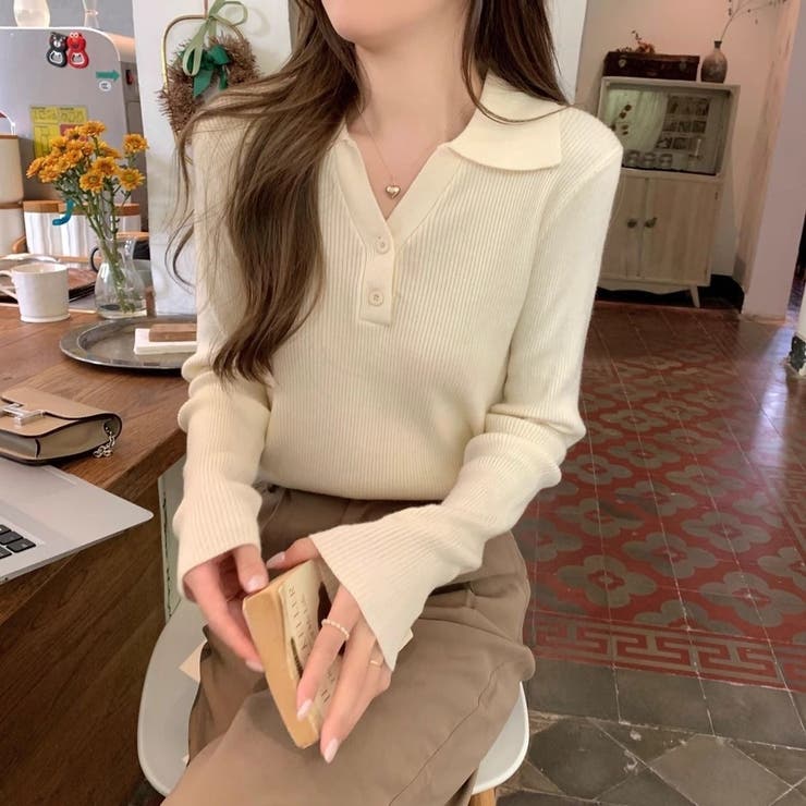 ライトベージュ | ポロ襟付き Vネックリブニット トップス レディース | Beststore