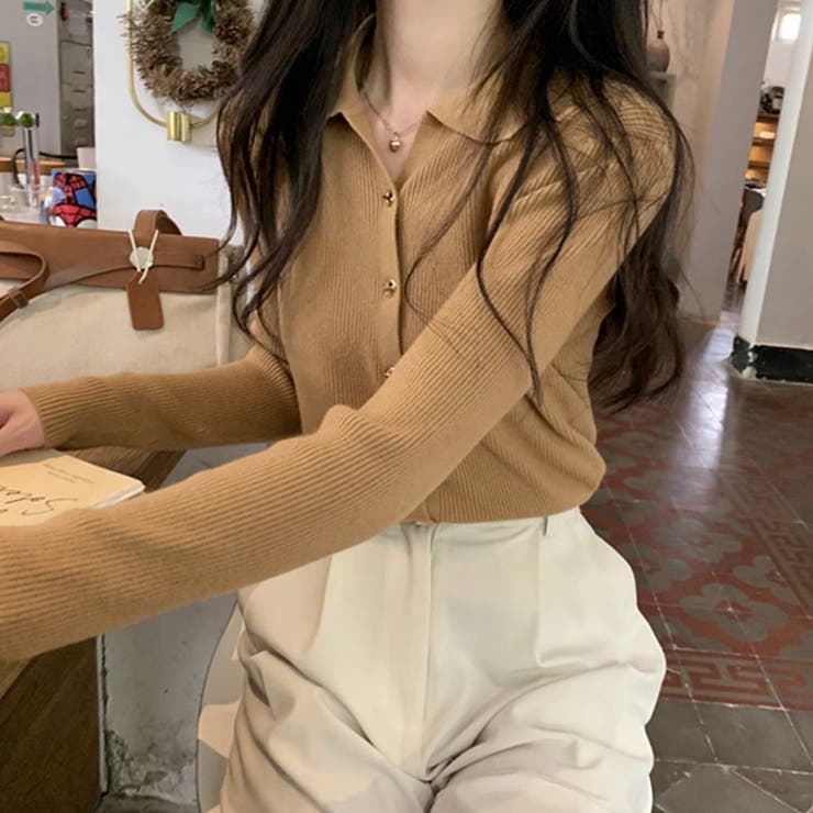 ポロ襟付き Vネックリブニットセーター カーディガン 長袖スリム | Beststore | 詳細画像20 