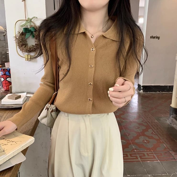 ポロ襟付き Vネックリブニットセーター カーディガン 長袖スリム | Beststore | 詳細画像23 