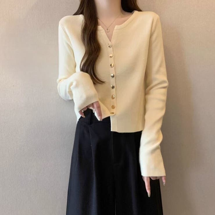 アイボリー | ゴールドボタンキーネックカーディガン | Beststore