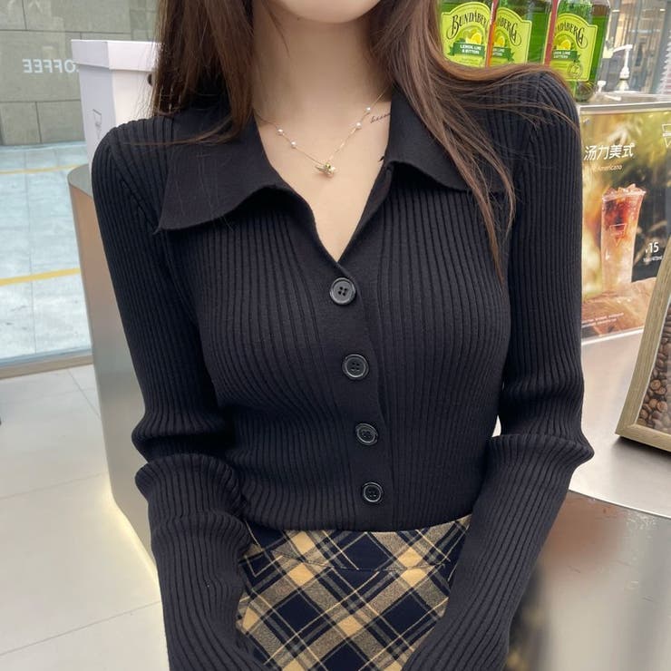 ブラック | ポロ襟付き リブニットカーディガン | Beststore