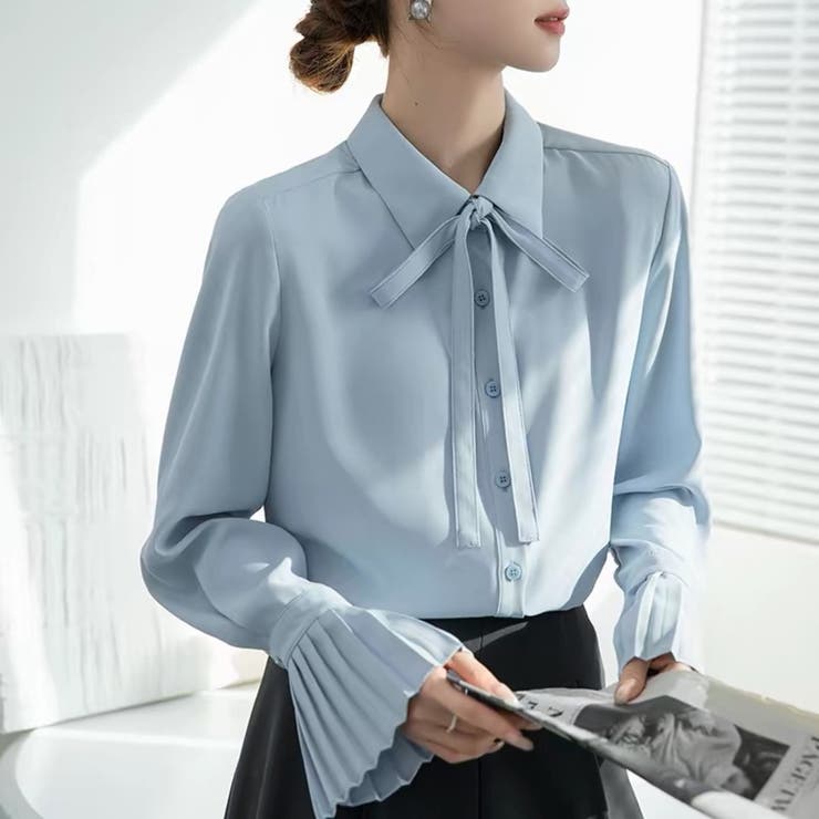 ブルー | ボウタイシャツブラウス 袖口プリーツ レディース | Beststore