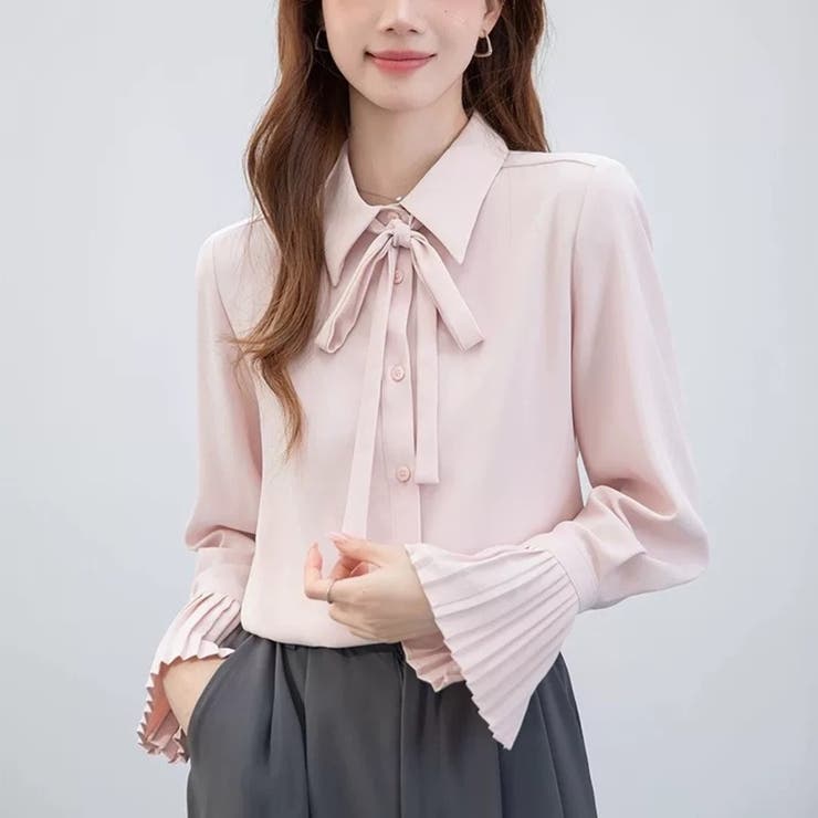 ピンク | ボウタイシャツブラウス 袖口プリーツ レディース | Beststore