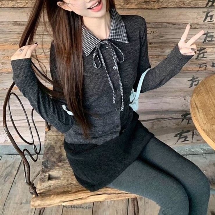 チェックカラー襟付きリブニットカーディガン ボウタイ リボン  | Beststore | 詳細画像4 