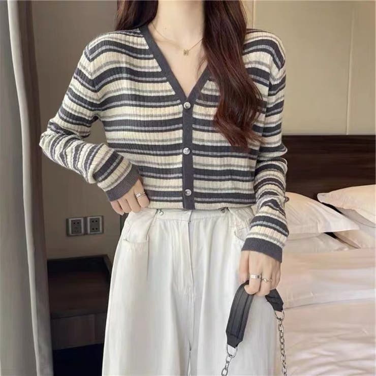 マルチボーダー柄 Vネックカーディガン長袖 | Beststore | 詳細画像4 