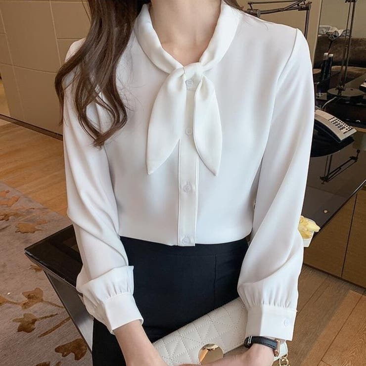 ホワイト | 「王道きれいめ」ボウタイ リボンシフォンシャツブラウス 長袖 | Beststore