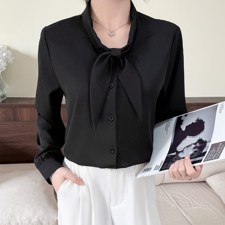 ブラック | 「王道きれいめ」ボウタイ リボンシフォンシャツブラウス 長袖 | Beststore