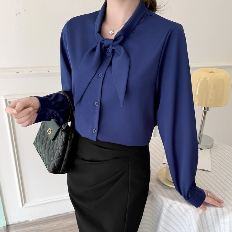 ネイビー | 「王道きれいめ」ボウタイ リボンシフォンシャツブラウス 長袖 | Beststore