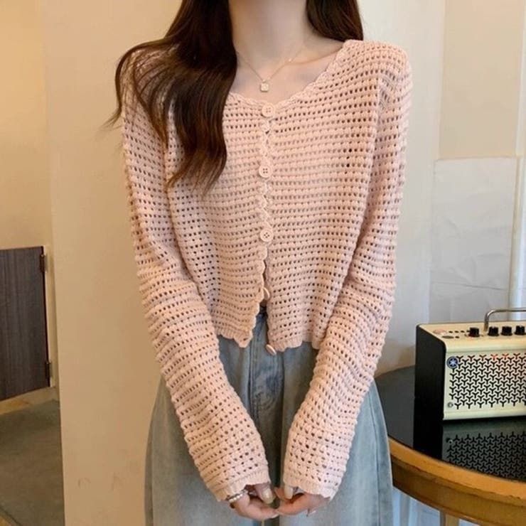 ライトピンク | 涼やかフェミニン。透かし編みクロップドカーディガン トップス サマーニット | Beststore