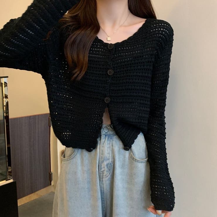 ブラック | 涼やかフェミニン。透かし編みクロップドカーディガン トップス サマーニット | Beststore