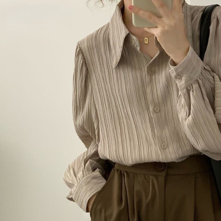 大人レディな縦シワ加工 楊柳シフォンブラウス パフスリーブシャツ 落ち感 | Beststore | 詳細画像8 