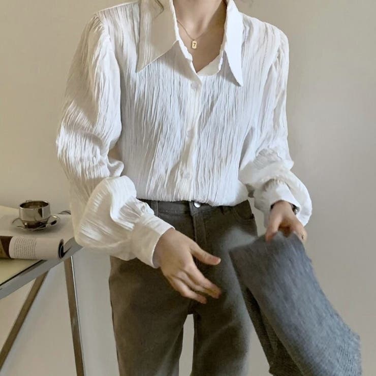 大人レディな縦シワ加工 楊柳シフォンブラウス パフスリーブシャツ 落ち感 | Beststore | 詳細画像13 