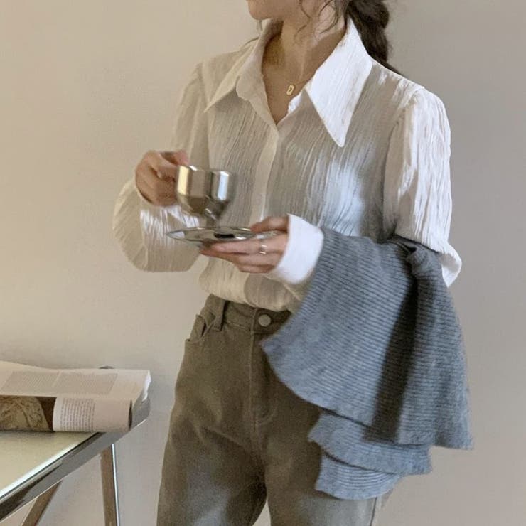 大人レディな縦シワ加工 楊柳シフォンブラウス パフスリーブシャツ 落ち感 | Beststore | 詳細画像14 