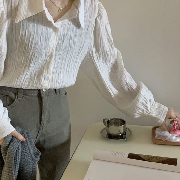大人レディな縦シワ加工 楊柳シフォンブラウス パフスリーブシャツ 落ち感 | Beststore | 詳細画像16 