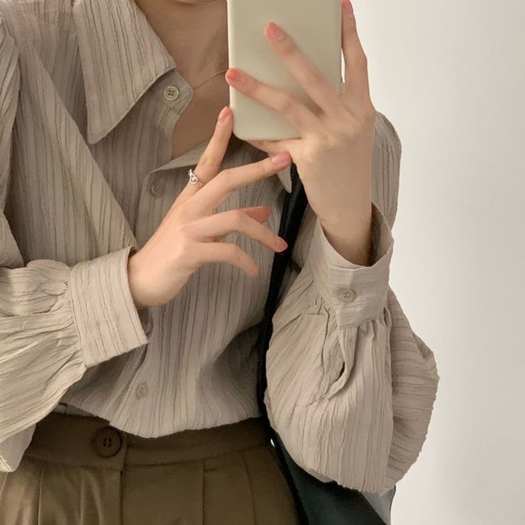 グレージュ | 大人レディな縦シワ加工 楊柳シフォンブラウス パフスリーブシャツ 落ち感 | Beststore