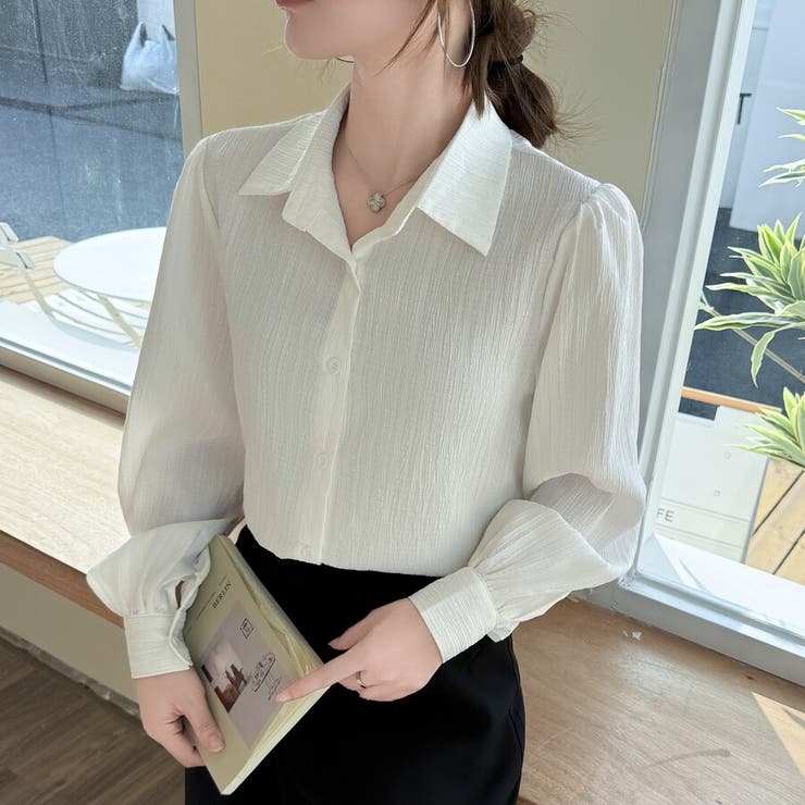 大人レディな縦シワ加工 楊柳シフォンブラウス パフスリーブシャツ 落ち感 | Beststore | 詳細画像29 
