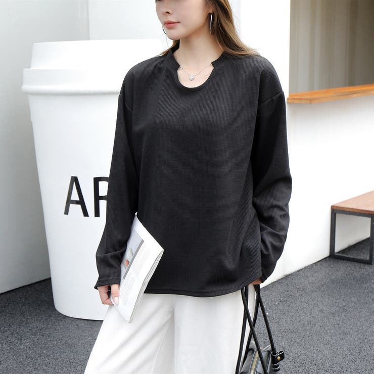 【シンプルでこなれ感】ワッフル素材 キーネック長袖プルオーバー ゆったりシルエッ… | Beststore | 詳細画像1 