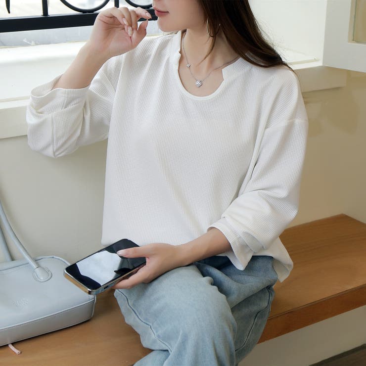 【シンプルでこなれ感】ワッフル素材 キーネック長袖プルオーバー ゆったりシルエッ… | Beststore | 詳細画像13 