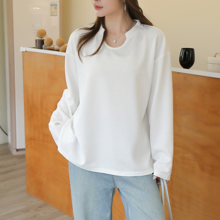 【シンプルでこなれ感】ワッフル素材 キーネック長袖プルオーバー ゆったりシルエッ… | Beststore | 詳細画像2 
