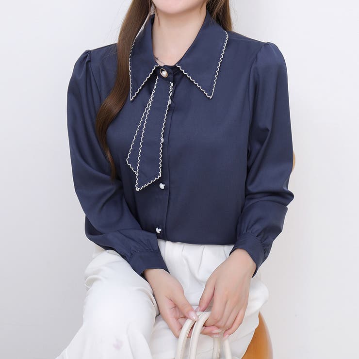 【全5色】「大人可愛いアクセント」波打つ縁取りデザインのフェミニン長袖ボータイブ… | Beststore | 詳細画像3 
