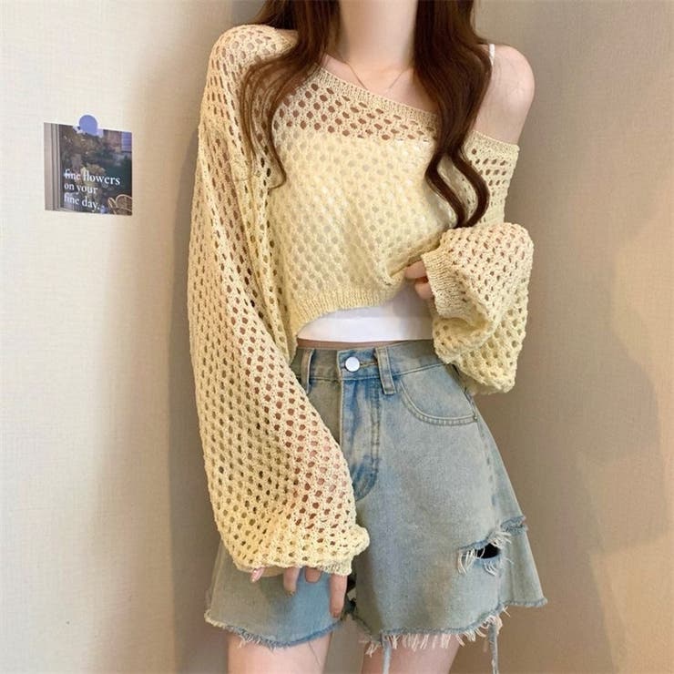 イエロー | 透かし編み クロップド ニット | Beststore