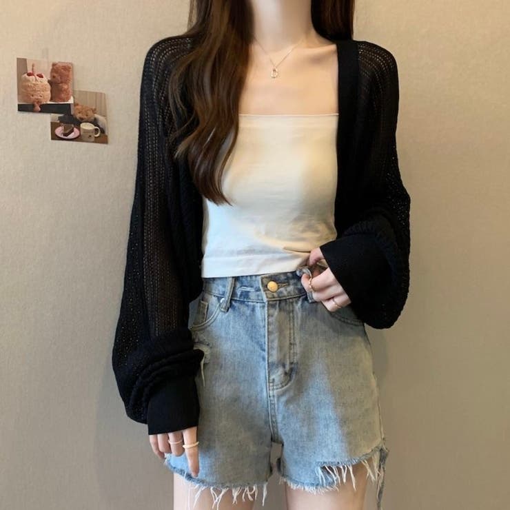 ブラック | 透かし編み パフスリーブ サマーニット ボレロ カーディガン 日焼け対策 | Beststore