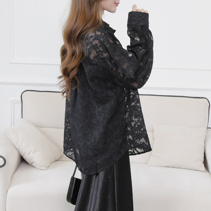 ブラック | フラワーカットジャガード シアーオーバーシャツ 冷房対策 紫外線対策 | Beststore