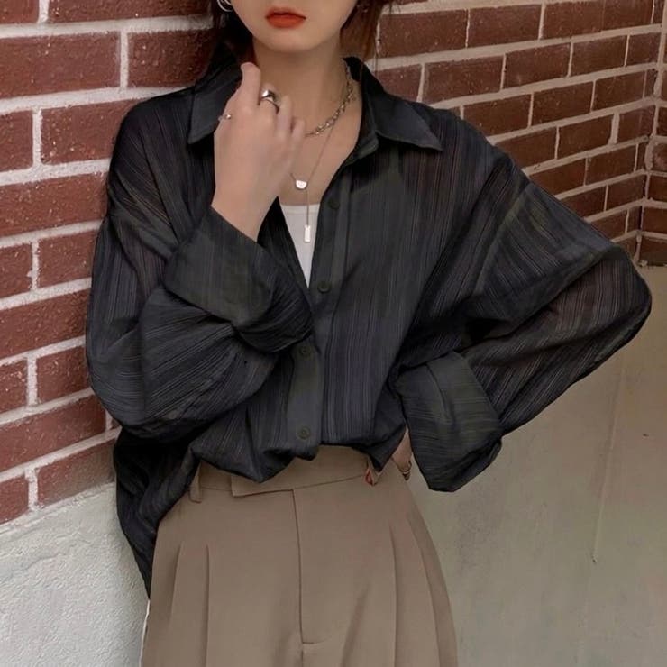 ブラック | シアーシャツ ストライプ サイドスリット | Beststore