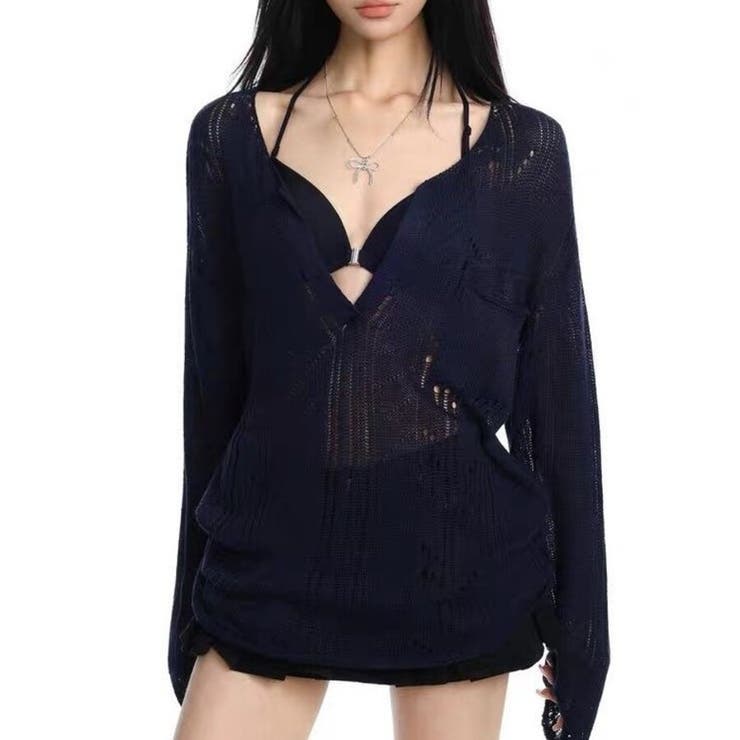 シースルー ゆるダボ ニット トップス サマーニット クラッシュ加工 長袖 | Beststore | 詳細画像10 