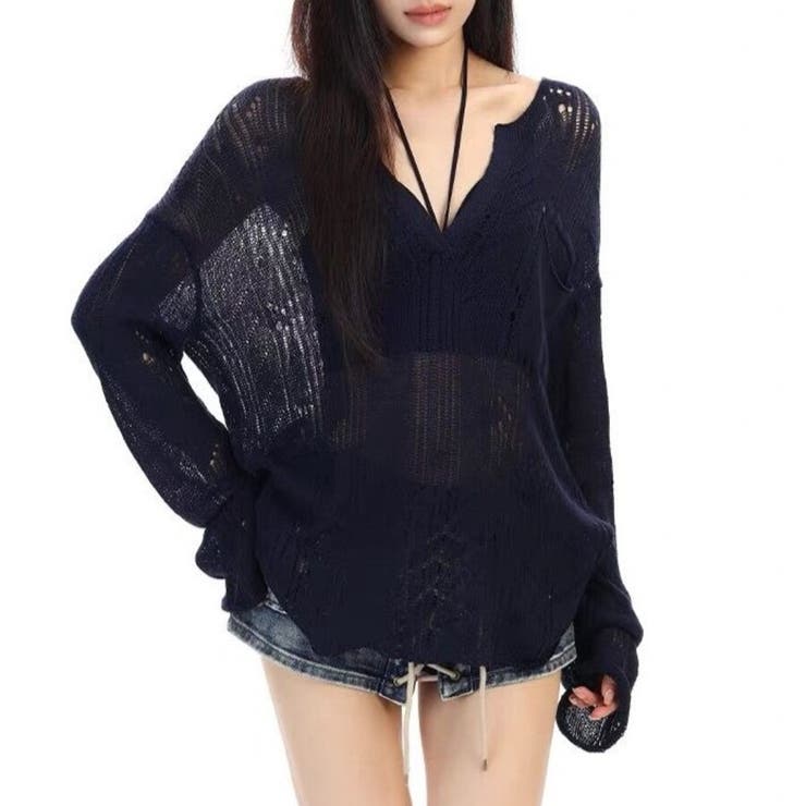 シースルー ゆるダボ ニット トップス サマーニット クラッシュ加工 長袖 | Beststore | 詳細画像12 
