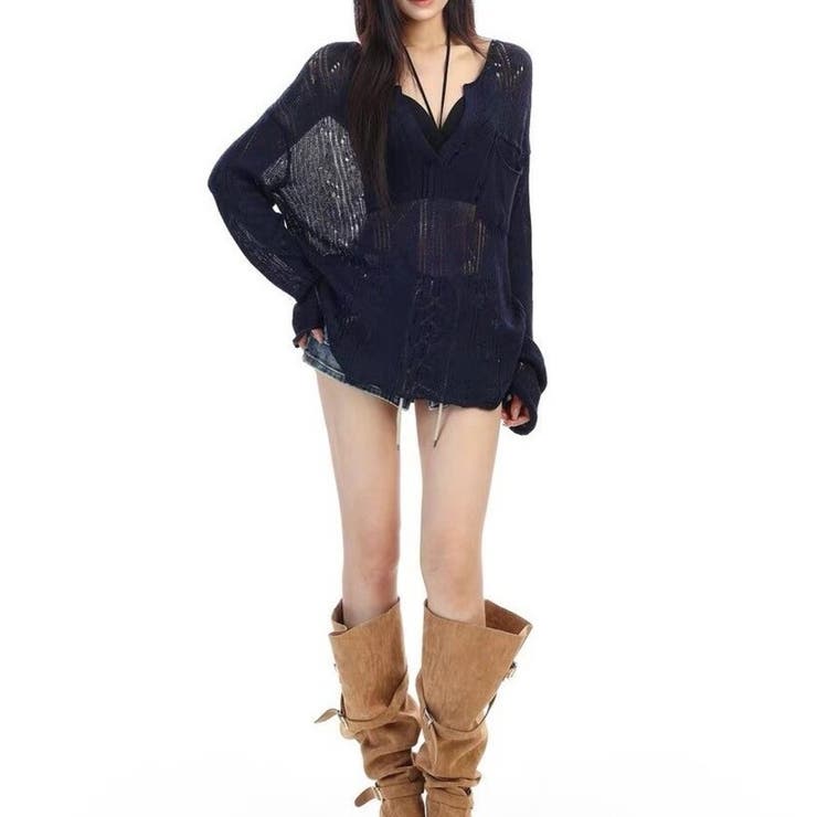 シースルー ゆるダボ ニット トップス サマーニット クラッシュ加工 長袖 | Beststore | 詳細画像17 